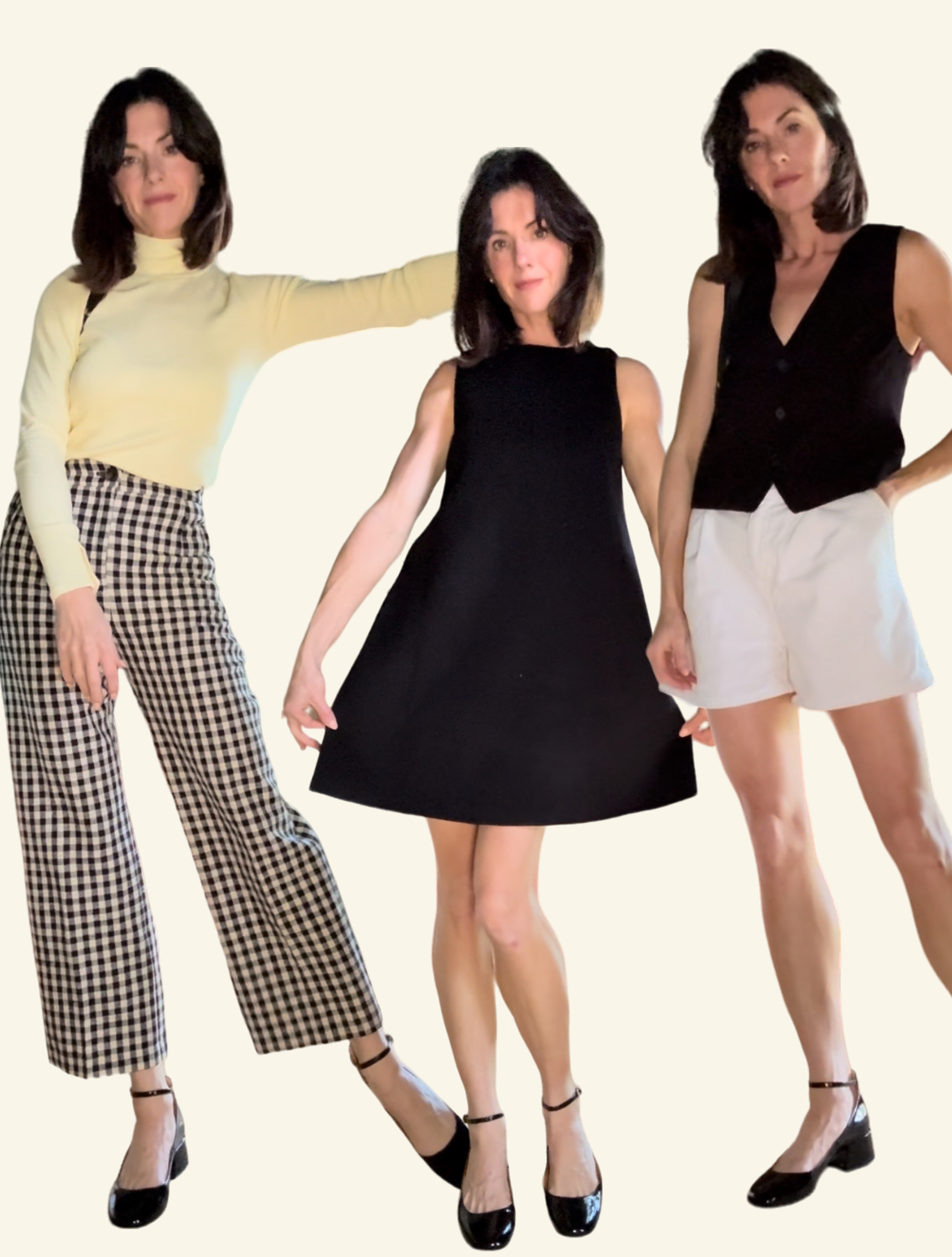 A woman is shown wearing three different outfits—one with a soft yellow sweater and checkered pants, one with a simple black dress, and one with a black vest and white shorts