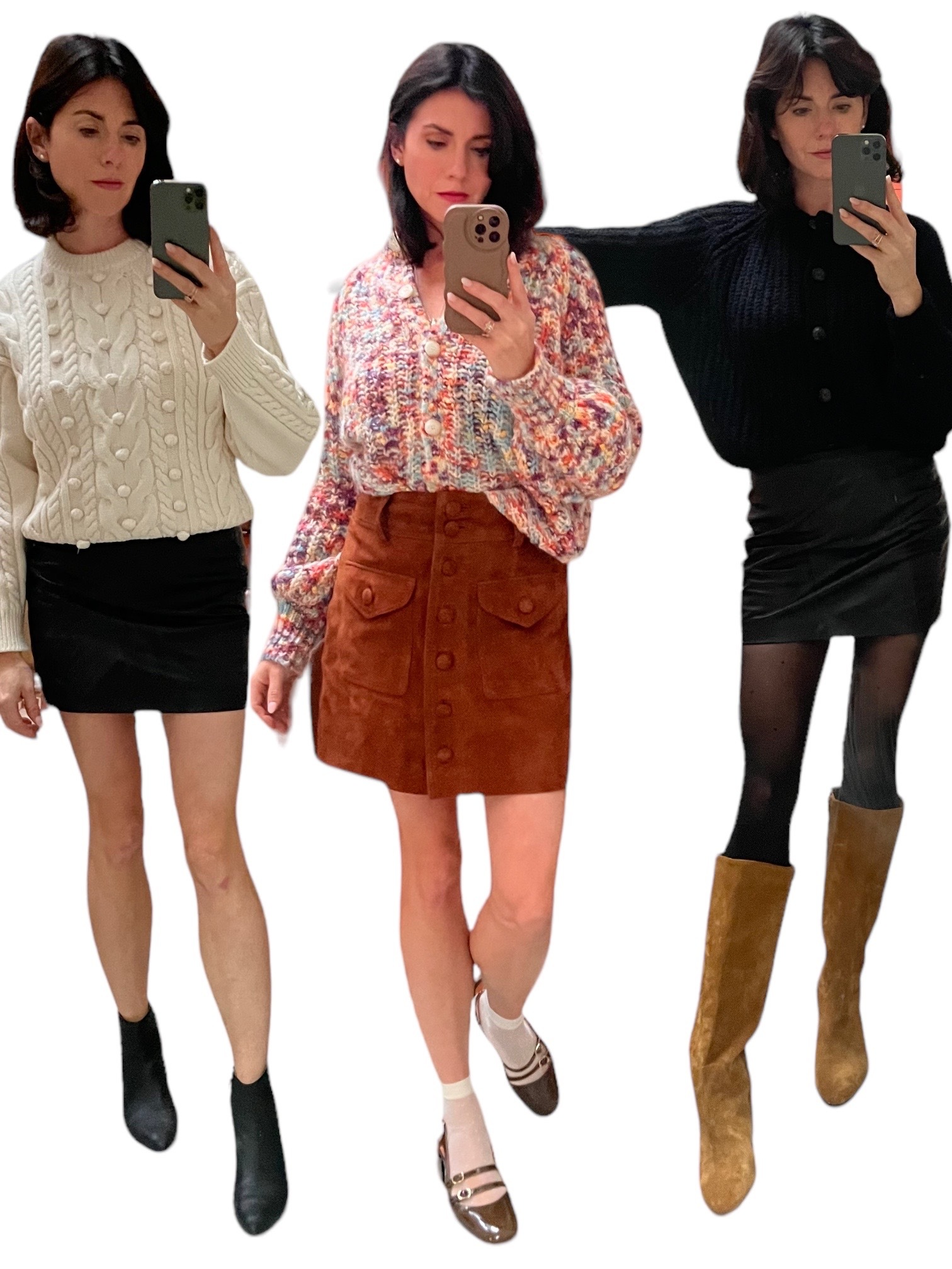 A woman shown wearing 3 different outfits, including winter wardrobe staples like cozy sweaters